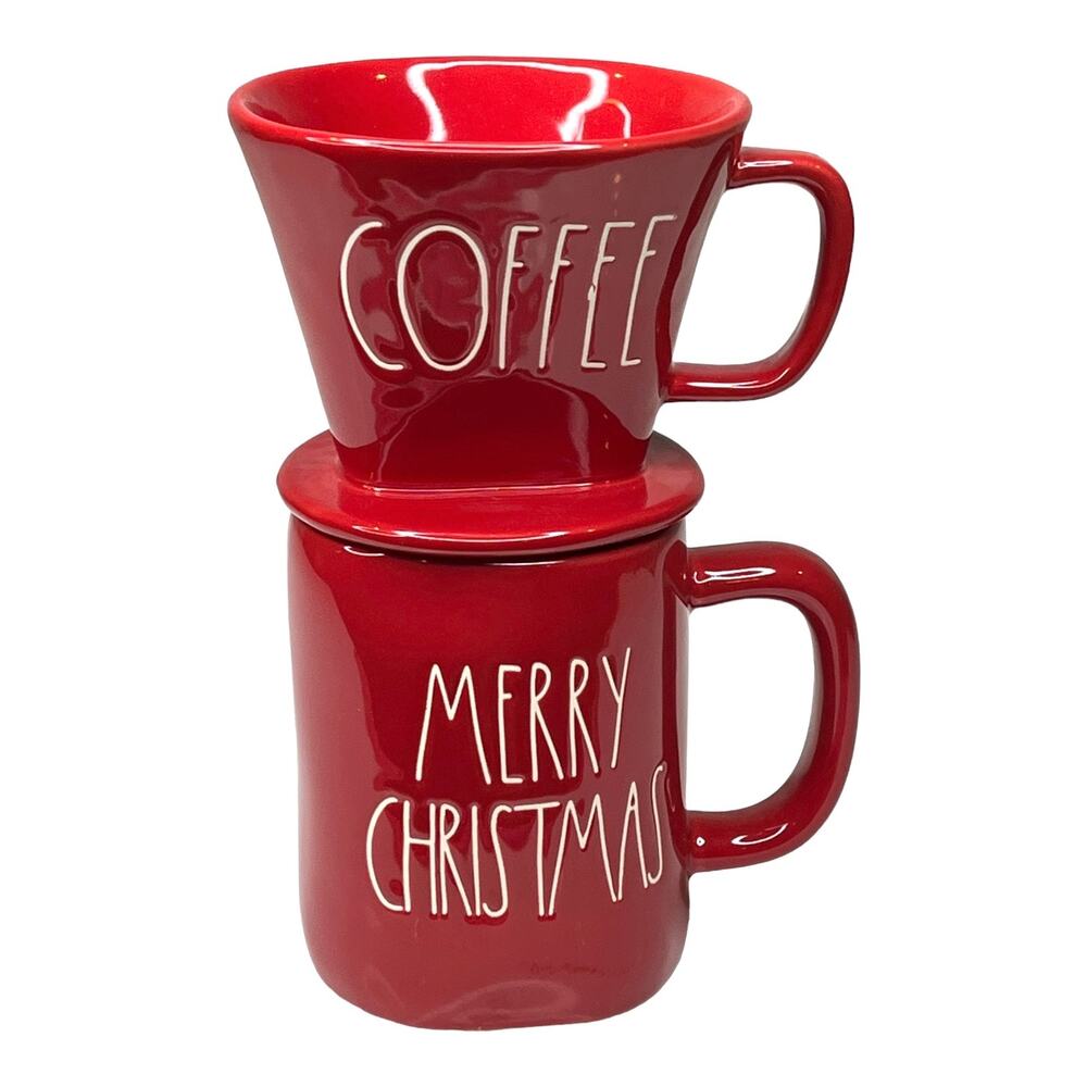 Rae Dunn MERRY CHRISTMAS MUG Coffee Drip Press Pour Over 2-Piece Set Red
